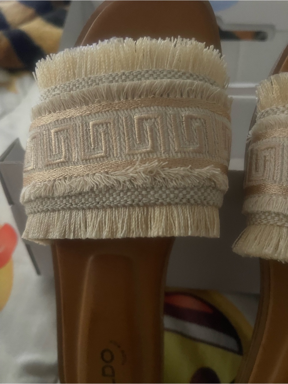 Aldo Tan and Cream Fringe Slide Mules